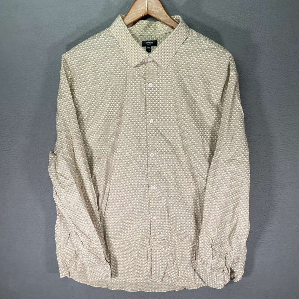 Express Mens Shirt XXL‎ Slim Fit Tan Geometric Button Up Long Sleeve